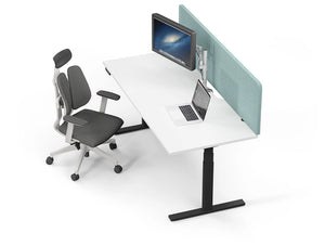 Leap Acoustic Bench Desk Screen in Light Turquoise Finish Attached to White Top Sit Stand Desk with Grey Ergonomic Chair