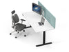 Leap Acoustic Bench Desk Screen in Light Turquoise Finish Attached to White Top Sit Stand Desk with Grey Ergonomic Chair