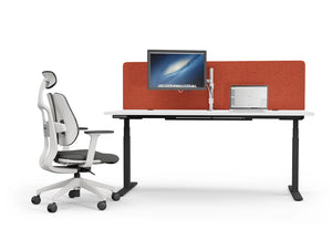 Leap Acoustic Bench Desk Screen in Terracotta Finish Attached to White Top Sit Stand Desk with Executive Office Chair