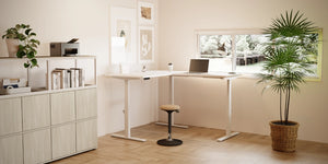 Leap L Shape Extension in White Finish with Movement Stool and Storage Cabinet in Home Office Setting