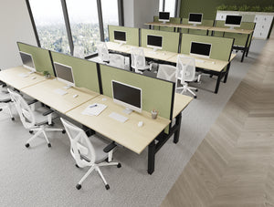 Levo Sit Stand Bench Desks with Green Join Desk Screens with White Galen Office Chair with 5 Star Base with Castors and Uno Lockers with Planters in Modern Office Setting 3