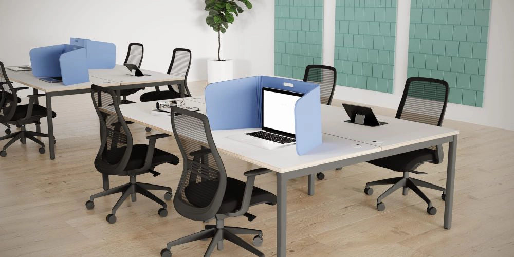 Lightweight and Portable Foldable Desk Screen in Blue with White Bench Desk and Grey Mesh Back Chair in Modern Office Setting