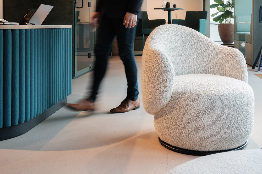 Luna Soft Seating Swivel Chair with Reception Desk in Lounge Setting