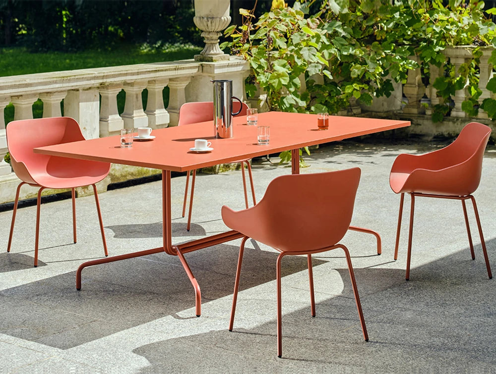 Mdd Baltic Basic Shell Armchair 5 In Pink Finish With Pink Rectangular Table In Patio Setting