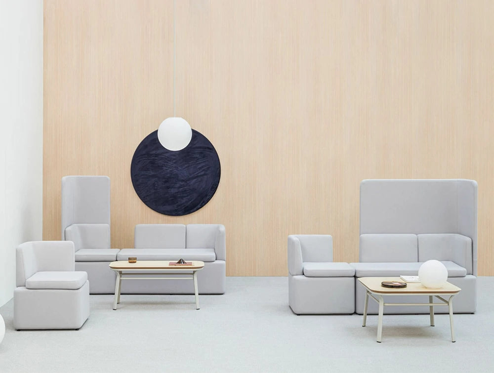 MDD Kaiva Low Modular Sofa 9 in Light Grey Finish with Single Armchair and Rectangular Coffee Table in Lounge Area