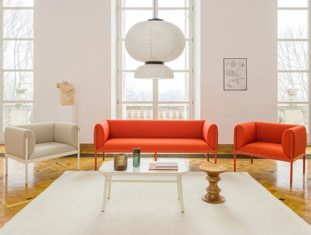 Mdd Stilt Monochromatic 3 Seater Sofa 7 In Red Finish With Single Seater Armchair And White Coffee Table In Living Room