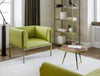 Mdd Stilt Monochromatic Armchair 9 In Green With Round Coffee Table And Green Book Shelf In Living Room Setting