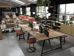 Mallet Light 2 Over Rectangular Office Desk With Stool And Bench In Office Setting