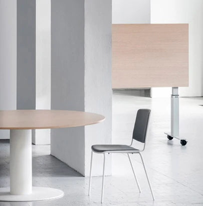 Mara Follow Tilting Desk And Round Meeting Table Height Adjustable In White Frame And Beech Tabletop