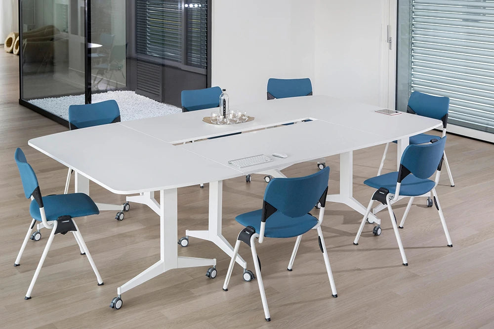 Mara Timmy Tilting H1050 Rectangular Table In White Top Finish With Blue Chair In Boardroom Setting