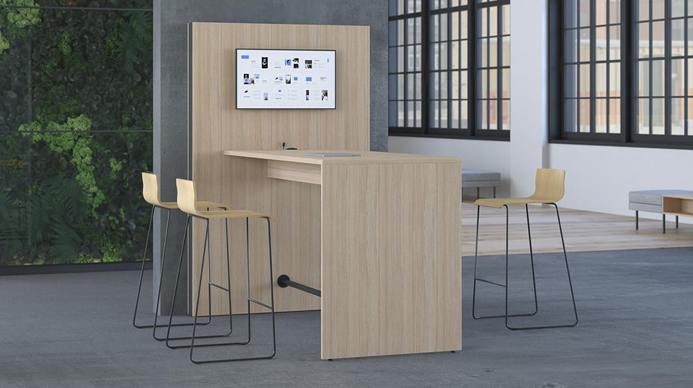 Narbutas Media Conference Wall In Light Oak Finish With Wooden High Chair In Breakout Setting