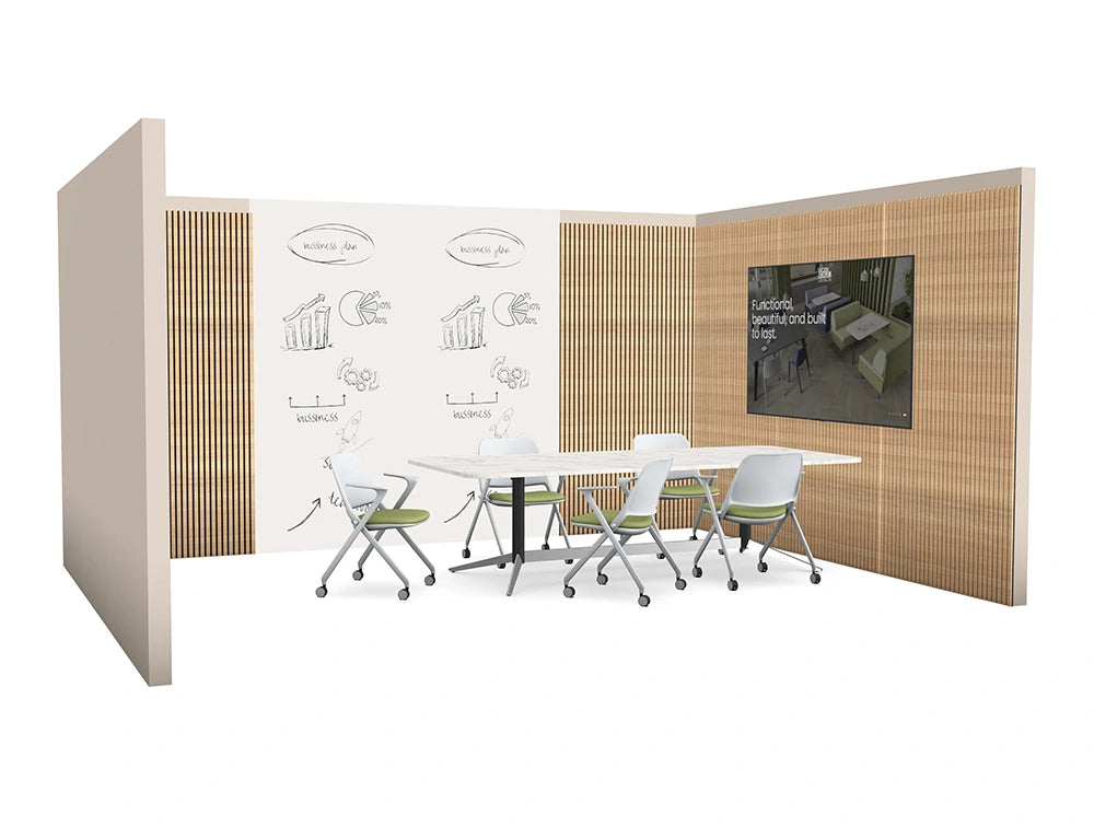 Meeting Room with Wooden Slats and Integrated Glassboard with Harmon Meeting Room Table and Flex Meeting Room Chairs