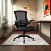 Mesh Ergonomic Task Chair with Wooden Cupboard and Table in Modern Office Setting