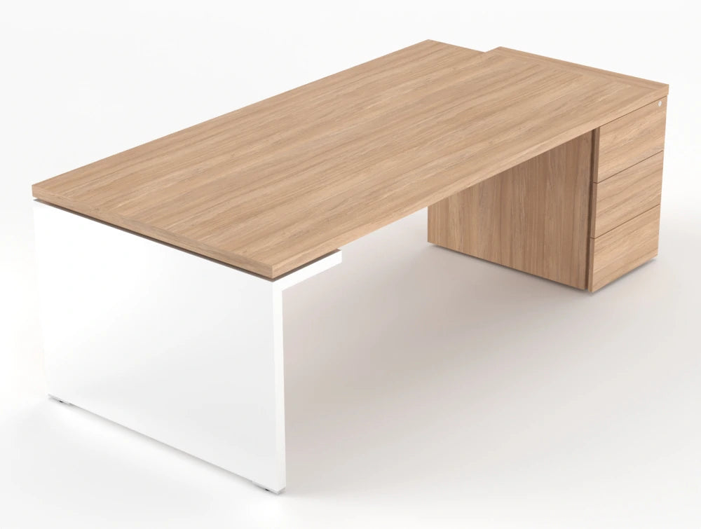Mito Executive Desk With Side Storage Amber Oak Top White Gloss Body 2219Mm
