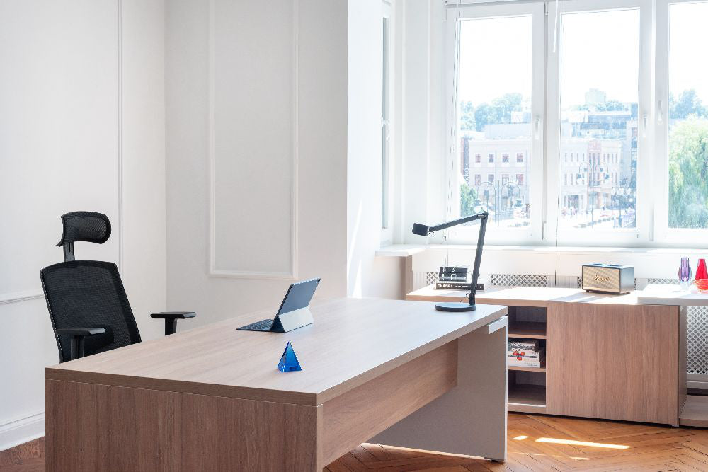 Mito Executive Wooden Desk with Ergonomic Chair and Table Lamp in Modern Office Setting 2