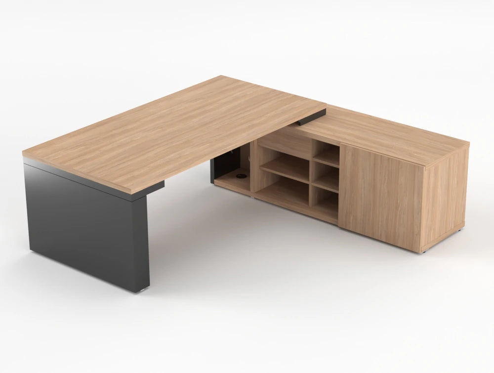 Mito Sit Stand Executive Desk With Side Storage Amber Oak Top Black Gloss Body 2190Mm Right