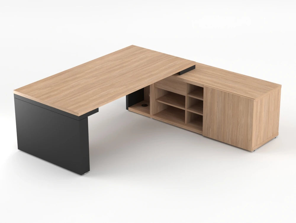 Mito Sit Stand Executive Desk With Side Storage Amber Oak Top Black Matt Body 2190Mm Right