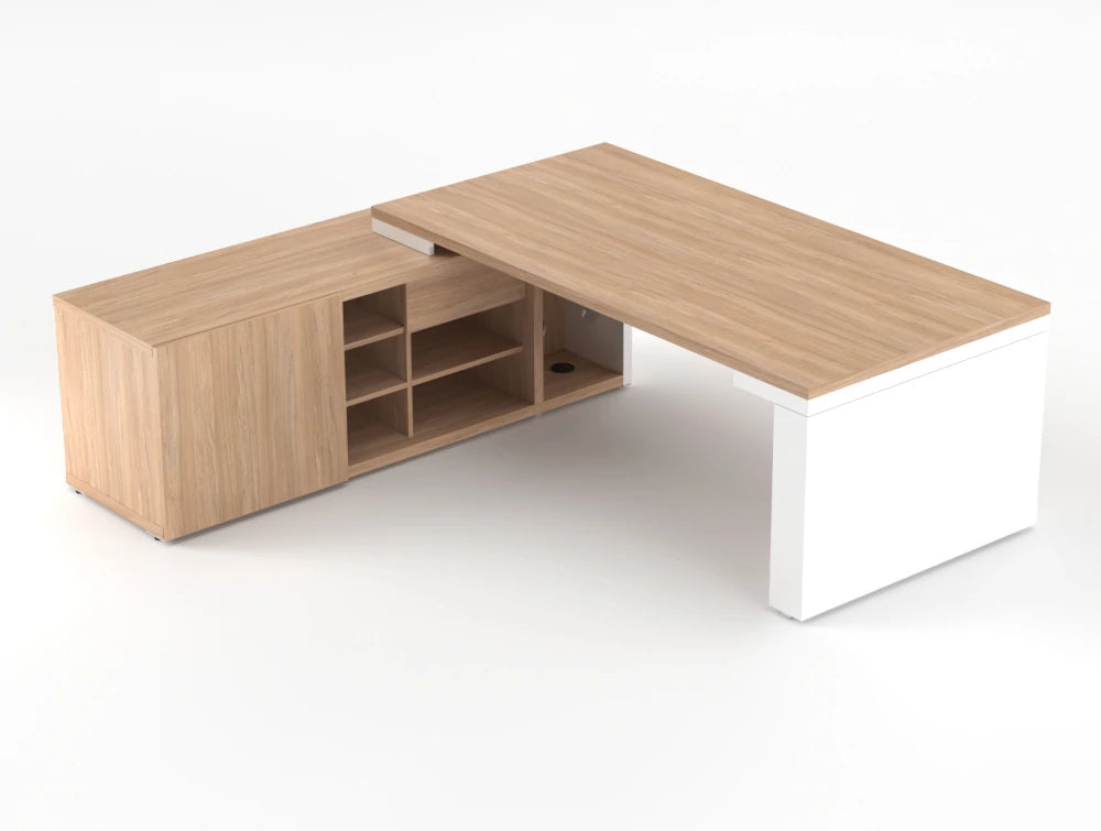 Mito Sit Stand Executive Desk With Side Storage Amber Oak Top White Gloss Body 2190Mm Left