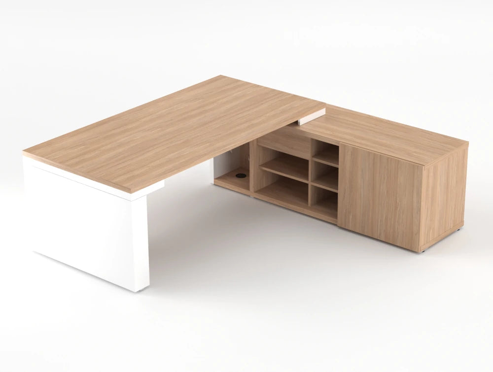 Mito Sit Stand Executive Desk With Side Storage Amber Oak Top White Gloss Body 2190Mm Right