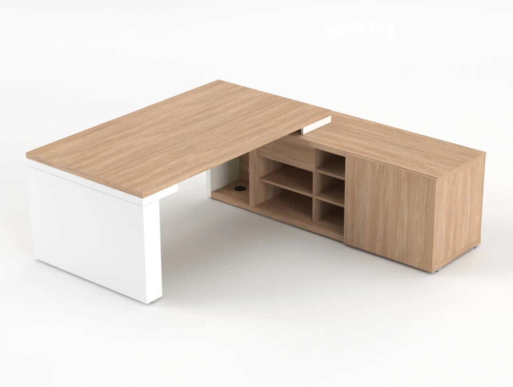 Mito Sit Stand Executive Desk With Side Storage Amber Oak Top White Matt Body 1190Mm Right