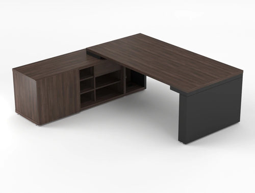 Mito Sit Stand Executive Desk With Side Storage Amber Oak Top Black Matt Body 2190Mm Left