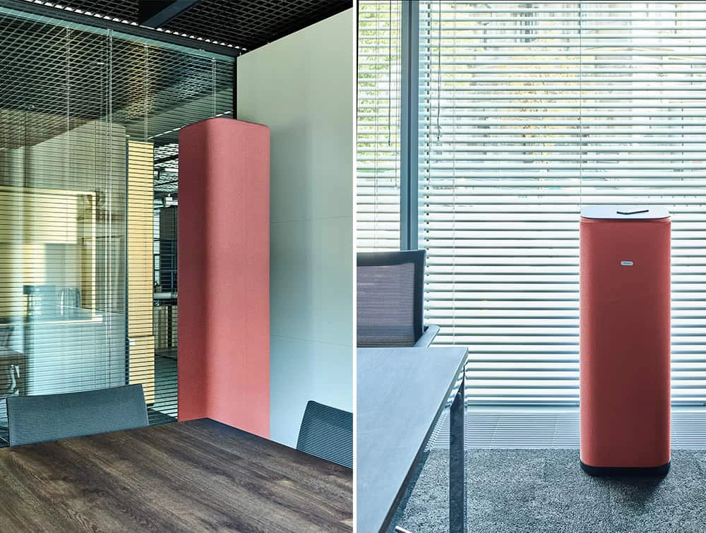Mutedesign Tower Freestanding Acoustic Cube Column Large And Small In Red With Induction Charger On The Tabletop