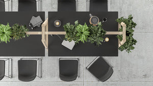 Narbutas Nova Wood Meeting Table With Wooden Frame And Legs With Black Chair And Planter In Breakout Setting