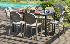Nardi Cube Outdoor Table in Coffee with Grey Chair in Outdoor Dining Setting