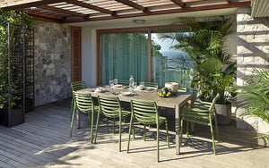 Nardi Doga Bistro Monobloc Chair in Green with Rectangular Table with Utensils in Outdoor Dining Settings