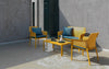 Nardi Net Coffee Table in Mustard with Matching Armchair and Sofa with Cushion in Outdoor Setting