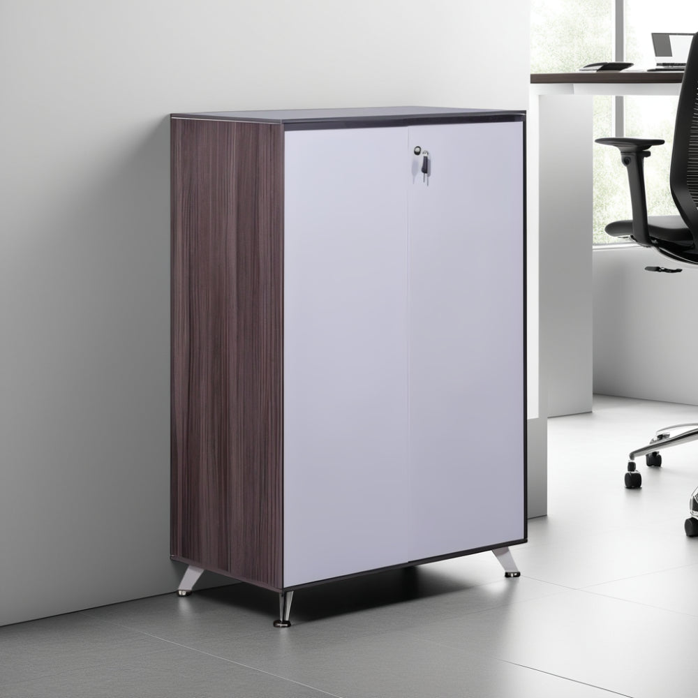 Nero Wooden Cupboard in Two Toned Finish with High Table and Task Chair in Modern Office Setting