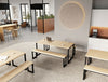 Nestro Bench Seating and Table with Line Upholstered Stool and Nestro Hightop Table and Decora Modular Zoning System and Key Modular Back 2 Back Wooden Cupboard in Modern Office Setting