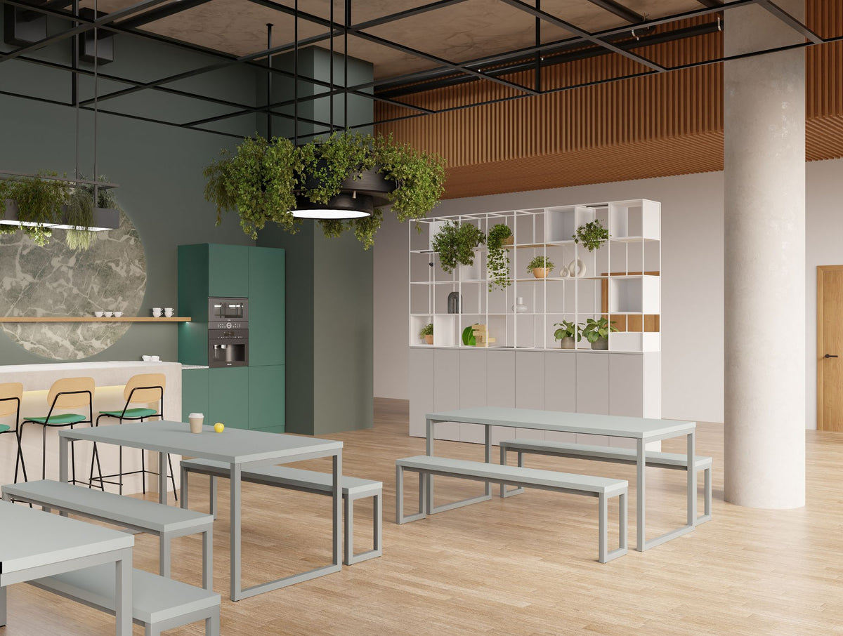 Nestro Rectangular Table and Benches with Line High stool and Ionic Modular Zoning System on Tall Storage in Breakout Setting 2