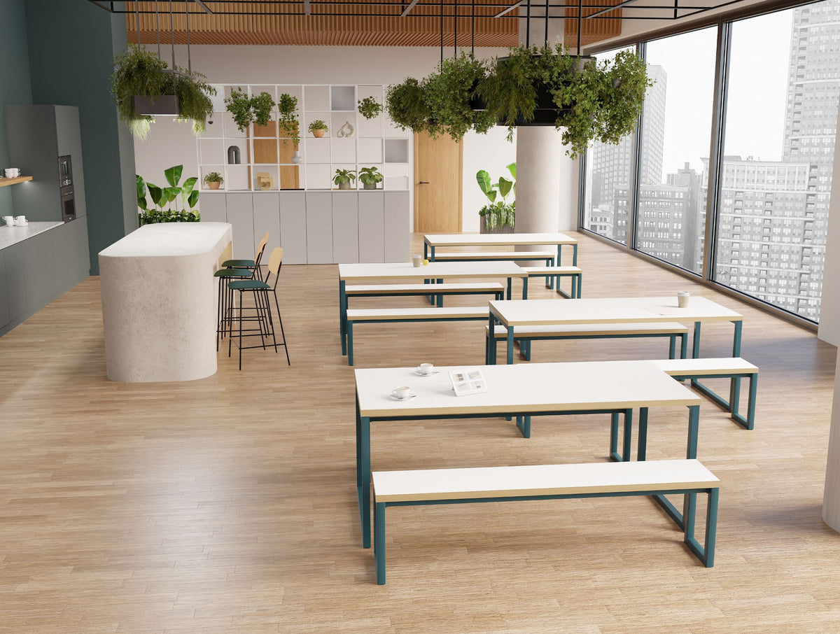 Nestro Rectangular Table and Benches with Line High stool and Ionic Modular Zoning System on Tall Storage in Breakout Setting 3