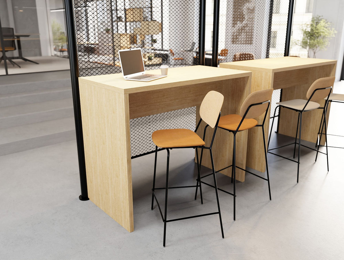 Nestro Wooden Hightop Table with Fully Upholstered Line Stool and Decora Modular Zoning System and Ionic Modular Zoning and Vela Meeting Room Chair in Modern Office Setting 3