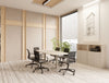 Nexis Double Cylinder Base Barrel Top Table with Vela Ergonomic Chair and Key Storage Unit in Meeting Room Setting