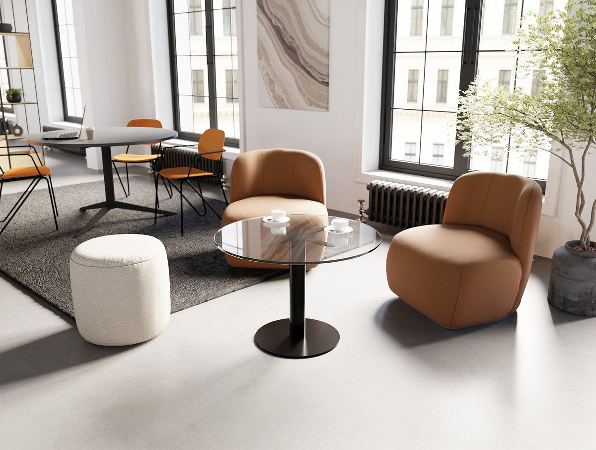 Nexis Glass Top Round Table with Harmon Round Table and Line Chair in Modern Office Setting