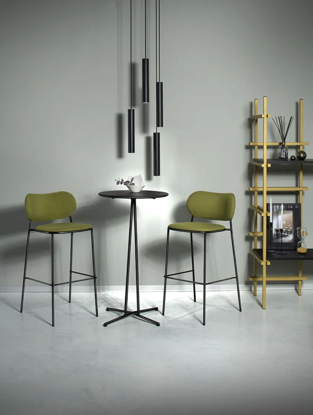 Nuta Light Upholstered Stool With Hightop Table And Shelving Unit In Breakout Setting