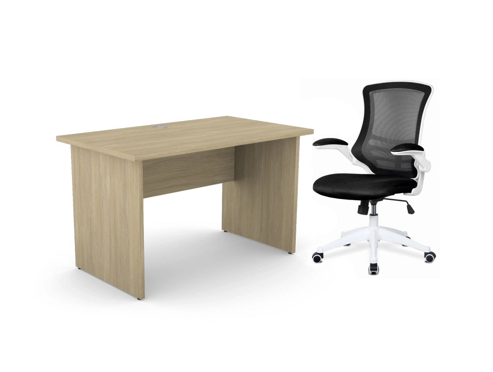 Oak Home Office Desk With Mesh Adjustable White Chair