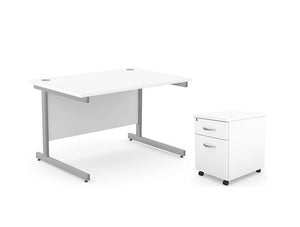 Office Cantilever Desk With 2 Drawer Mobile Pedestal White
