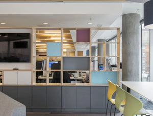 Palisades Wooden Grid Partitions Between Workspace And Kitchen Area With Grey Purple Blue Back Panels