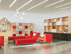 Palisades Wooden Grid Room Dividers Relaxing Area With Hotlocker Agile And Red Sofas