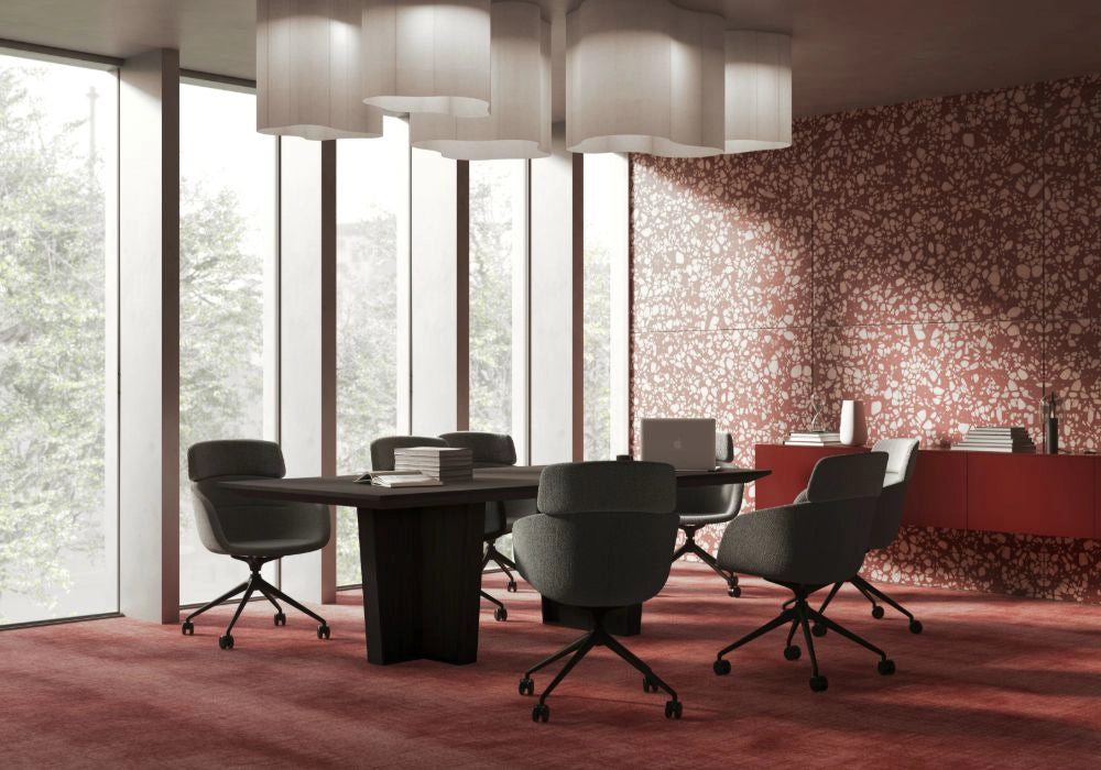 Paxt Tub Chair in Spider Base with Castors in Grey with Rectangular Table in Meeting Room Setting