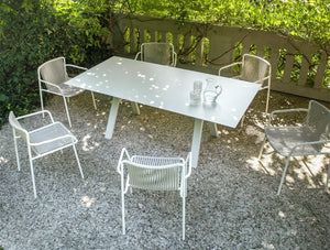 Pedrali Arki Rectangular Table 2 In White Finish With White Metal Chair In Outdoor Setting
