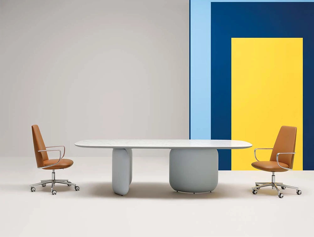 Pedrali Elinor Rectangular Table 2 In Marble Finish With Brown Office Chair In Office Area
