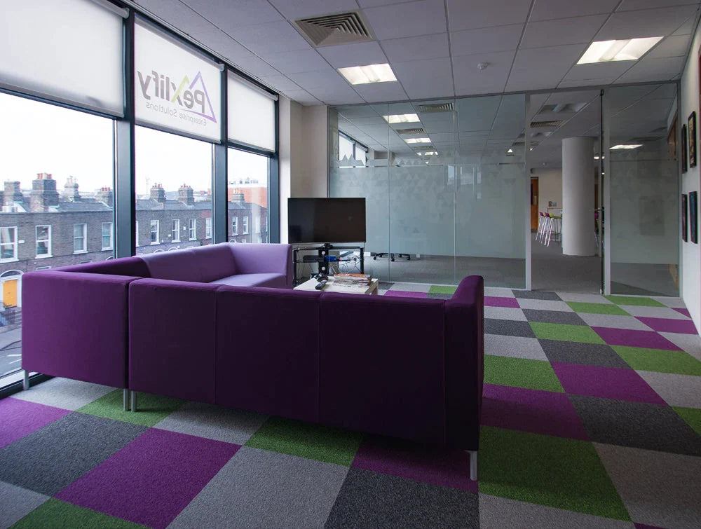 Pexlify Office Interior Purple Sofas With Contrast Floor Mat