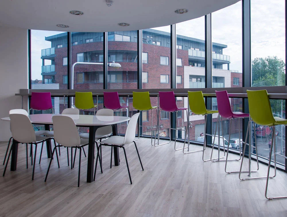 Pexlify Office Interior White Canteen Table And Chairs With High Stools
