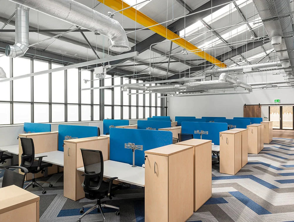 Precision Office Double Sit Stand Desks With Monitor Arms Screens And Mesh Chairs