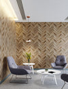 Ezoboard Print Sheet Wall Panel In Wooden Style With Acoustic Hanging Lamp And White Round Coffee Table In Breakout Setting