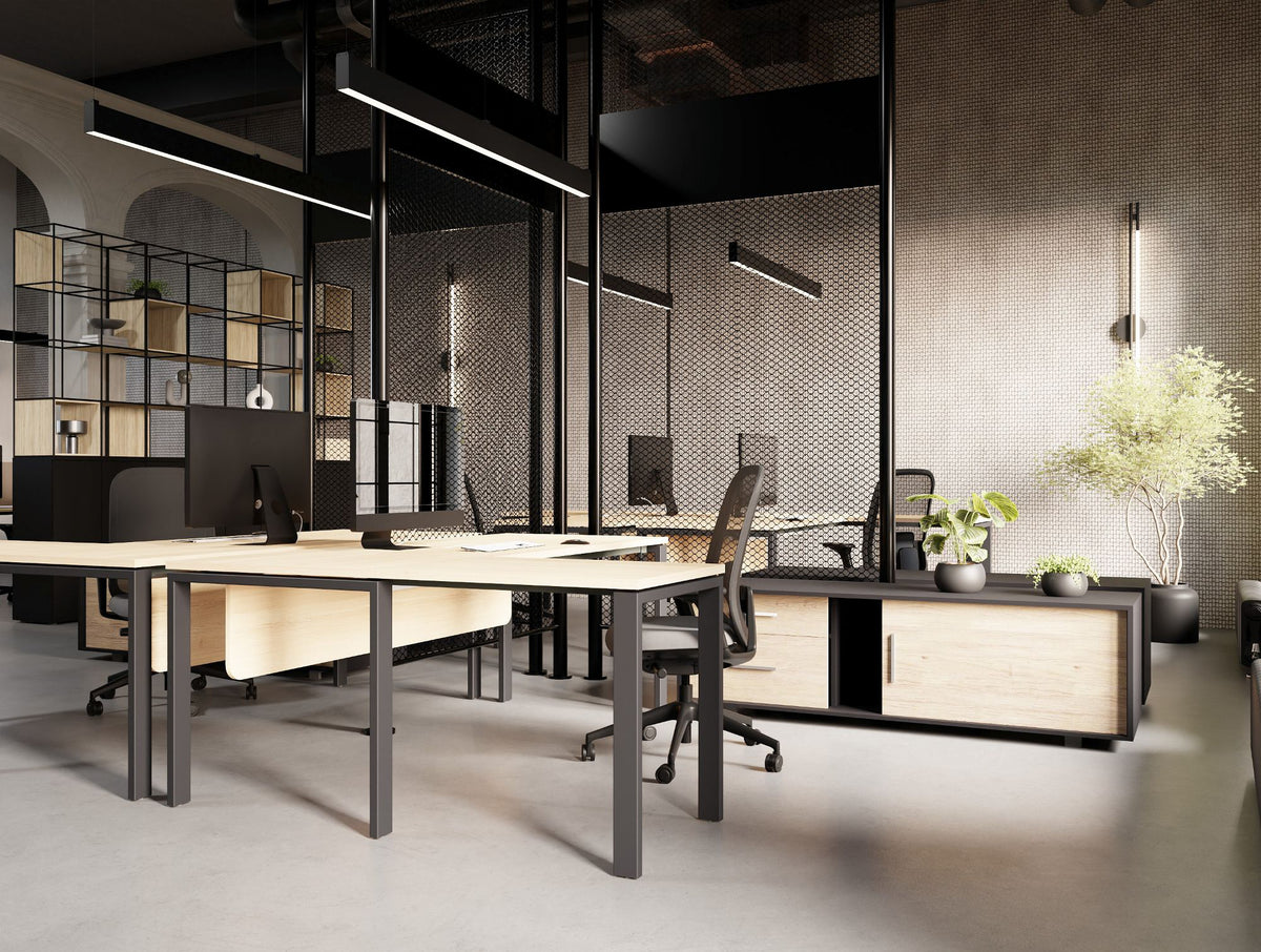 Profil Executive Desk with Credenza Unit and Contour Ergonomic Chair and Decora Modular Zoning System and Ionic Storage in Modern Office Setting 2